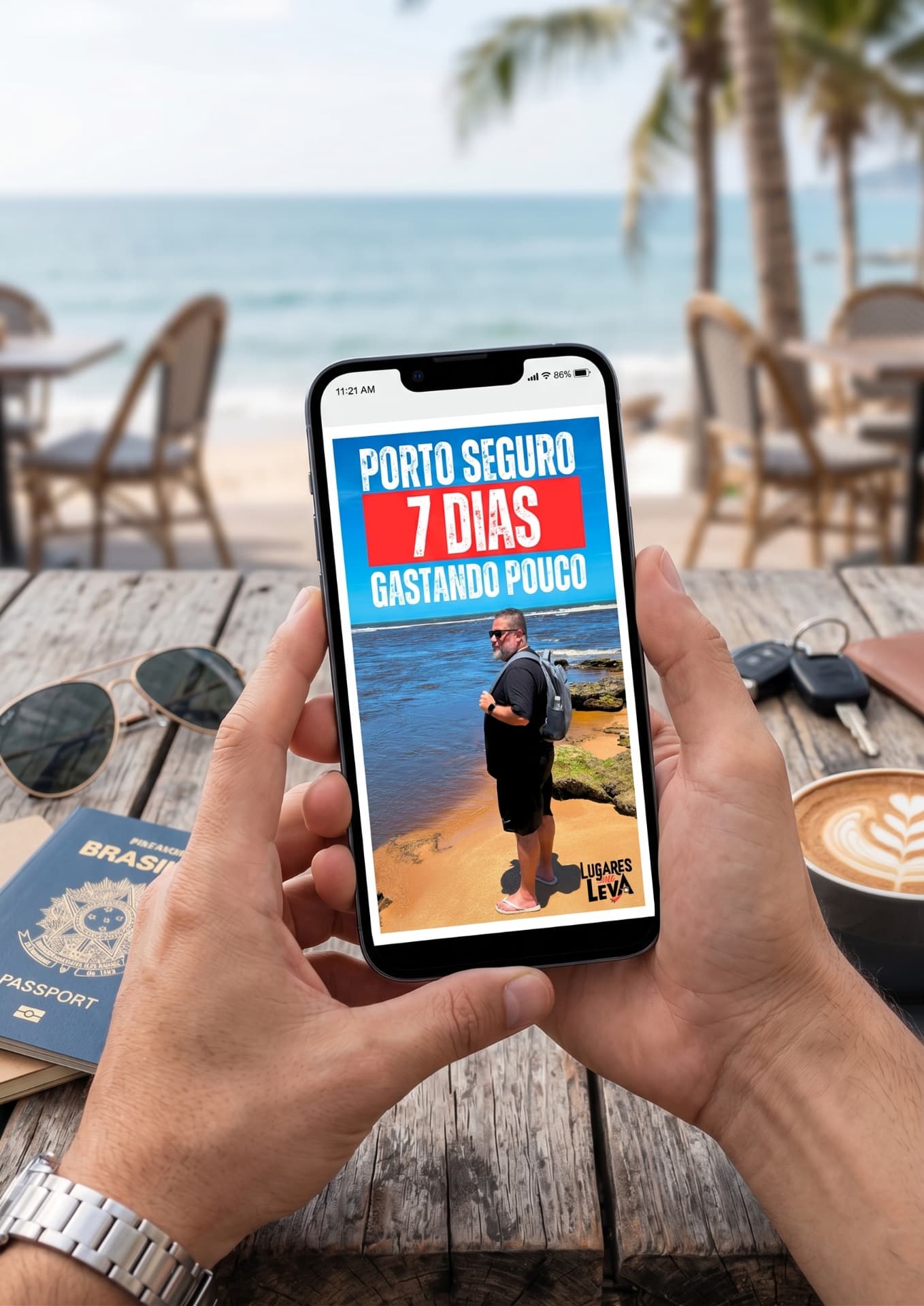 Capa do roteiro de 7 dias em Porto Seguro mostrada em um celular