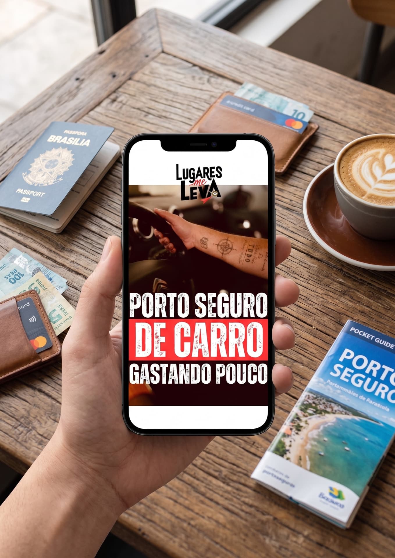 Capa do roteiro de Porto Seguro de carro mostrada em um celular