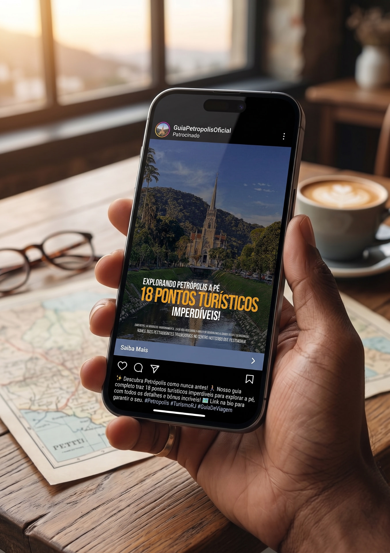 Capa do roteiro de Petrópolis mostrada em um celular